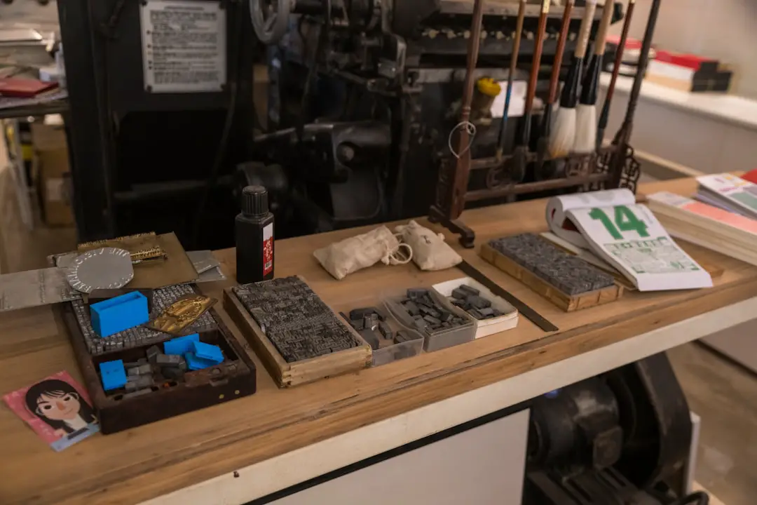 a wooden table topped with lots of different types of items